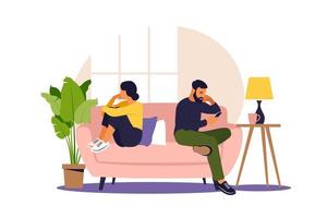 Man and a woman in a quarrel. Conflicts between husband and wife. Two characters sitting back to back, disagreement, relationship troubles. Concept of divorce, misunderstanding in family. Vector. vector