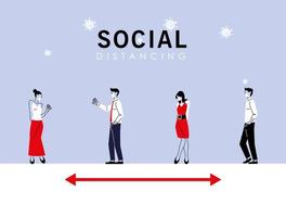 Social distancing between women and men with masks vector design