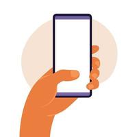 Man hand holding smartphone with blank white screen. Using mobile smart phone. Flat design concept. Vector illustration