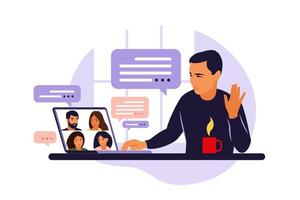 Man using computer for collective virtual meeting and group video conference. Man at desktop chatting with friends online. Video conference, remote work, technology concept. vector