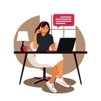 Woman sitting table with laptop and phone. Working on a computer. Freelance, online education or social media concept. Studying concept. Flat style. vector