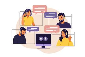 Video meeting of people group. Online meeting via video conference. Remote work, technology concept. Vector illustration in flat style.