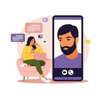 Dating app, application or chat concept. Woman are sitting with big smartphone on the sofa and talking to phone. Flat vector. vector