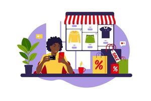 African woman online shopping. Black friday. Pay with credit card. Sale. Modern concept for web. Vector illustration. Flat style.