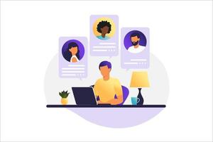 Man working on a computer. People on computer screen speaking with colleague or friends. Illustrations concept video conference, online meeting or work from home. Vector illustration.