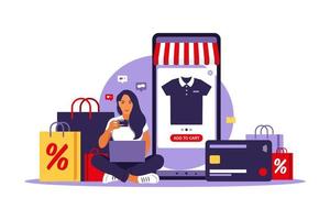 Woman online shopping. Black friday. Pay with credit card. Sale. Modern concept for web. Vector illustration. Flat style.