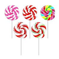 Set of realistic striped colorful lollipops on white sticks isolated on white background. Vector illustration.