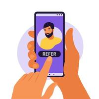 Hands holding smartphone with a man social media profile or user account. Refer a friend, following concept for add. Vector illustration. Flat.