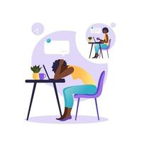 Professional burnout syndrome. Illustration with happy and tired african american female office worker sitting at the table. Frustrated worker, mental health problems. Vector illustration in flat.
