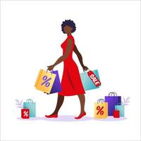 joven africana con bolsas de papel ir con las ventas. concepto de compras en línea y fuera de línea, venta, descuento. ilustración vectorial para banner web, infografía, móvil. ilustración vectorial en estilo plano. vector