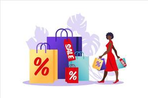 Young african woman goes with paper bags. Concept of online and offline shopping, sale, discount. Vector illustration for web banner, infographics, mobile. Illustration in flat style.