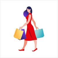 mujer joven con bolsas de papel de compras. concepto de compras online y offline. ilustración vectorial en estilo plano. vector