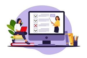 Concept of online exam on internet. Woman sitting near online form survey on laptop. Questionnaire, web learning, electronic voting. Vector illustration.