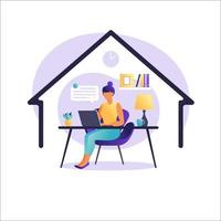 Woman sitting at the table with laptop. Working on a computer. Freelance, online education or social media concept. Working from home, remote job. Flat style. Vector illustration.