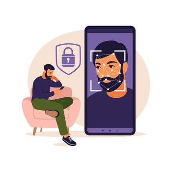 concepto de sistema de reconocimiento facial. identificación facial, sistema de reconocimiento facial. escaneo del sistema de identificación biométrica facial en el teléfono inteligente. aplicación móvil para reconocimiento facial. ilustración vectorial vector