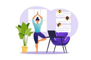 Concept freelancer woman practicing yoga and meditation on home. The girl sits in the lotus position, the thought process, the inception and the search for ideas. Time management. Vector illustration.