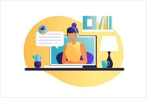 Woman sitting at the table with laptop. Working on a computer. Freelance, online education or social media concept. Working from home, remote job. Flat style. Vector illustration.