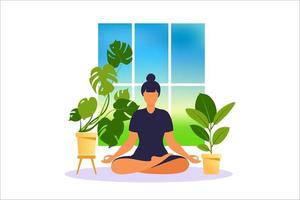 Concept woman practicing yoga and meditation on home. The girl sits in the lotus position, the thought process, the inception and the search for ideas. Time management. Vector. vector