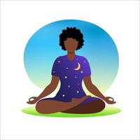 African woman meditating with nature background and her hair up. Meditation concept. Woman sitting in lotus position practicing meditation. in lotus pose. Vector illustration in flat style.