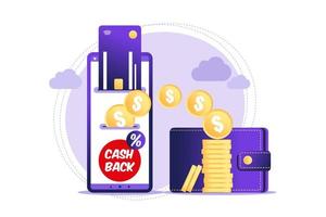 Online cashback concept. Coins or money transfer from smartphone to e-wallet. Online banking. Saving money. Money refund. Vector illustration.
