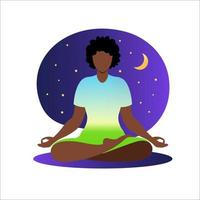 African woman meditating with nature background and her hair up. Meditation concept. Woman sitting in lotus position practicing meditation. in lotus pose. Vector illustration in flat style.