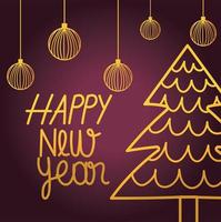 happy new year gold hanging balls and pine tree decoration card vector