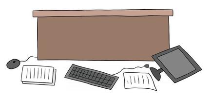 Cartoon Vector Illustration of Messy Office Desk Computer and Papers on the Floor