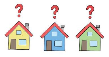 Cartoon Vector Illustration of Three Houses With Question Marks