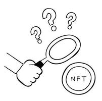 Cartoon Vector Illustration of Looking at Nft Crypto Art with a Magnifying Glass and Question Marks