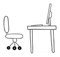 Cartoon Vector Illustration of Desk with Chair Monitor and Computer