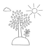 Ilustración de vector de dibujos animados de margaritas de hierbas de árbol y clima soleado