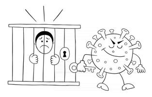 Cartoon Coronavirus Monster Locked the Man in Jail Vector Illustration