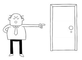 Cartoon Angry Boss Man Showing His Worker the Door Firing Him Vector Illustration