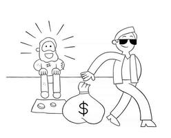 Cartoon Rich Man Giving Homeless Man a Sack of Dollars Vector Illustration
