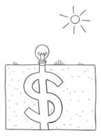 Cartoon Vector Illustration of Light Bulb Idea is Planted in the Ground and It Fills Up As a Big Dollar Under the Ground