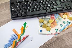 euro money of different denominations and computer keyboard and graph photo