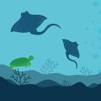 stingrays and one turtle in the ocean vector