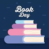 book day lettering and bundle of books icons vector