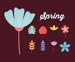 Letras de primavera y conjunto de flores sobre un fondo carmesí vector