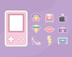 bundle of 80s and 90s patches on a purple background vector