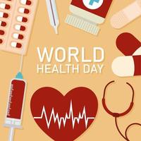 world health day lettering and healthy icons on a orange background vector