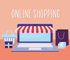 online shopping lettering and set of online store icons vector