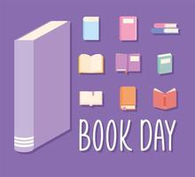 book day lettering and bundle of books icons on a purple background vector