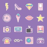 set of 80s and 90s patches on a purple background vector