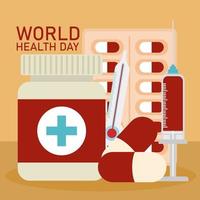 world health day lettering and bundle of healthy icons on a orange background vector