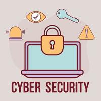 cyber security lettering and one screen with a padlock and bundle of cyber security icons vector
