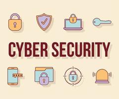 cyber security lettering and and bundle of cyber security icons vector