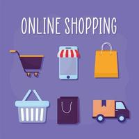 online shopping lettering and bundle of online store icons vector