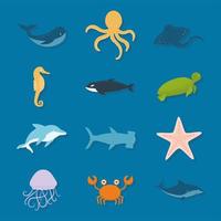 set of sealife icons on a blue background vector