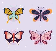 paquete de mariposas sobre fondo morado vector